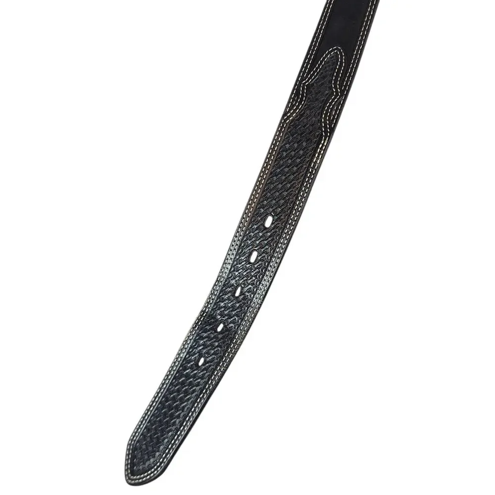 Cowboy chrome black leather western‎ belt 44 basket weave embossed white stitch
